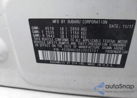 2018 Subaru Legacy 2.5I Premium из США, поврежденный, VIN 4S3BNAC60J3023701